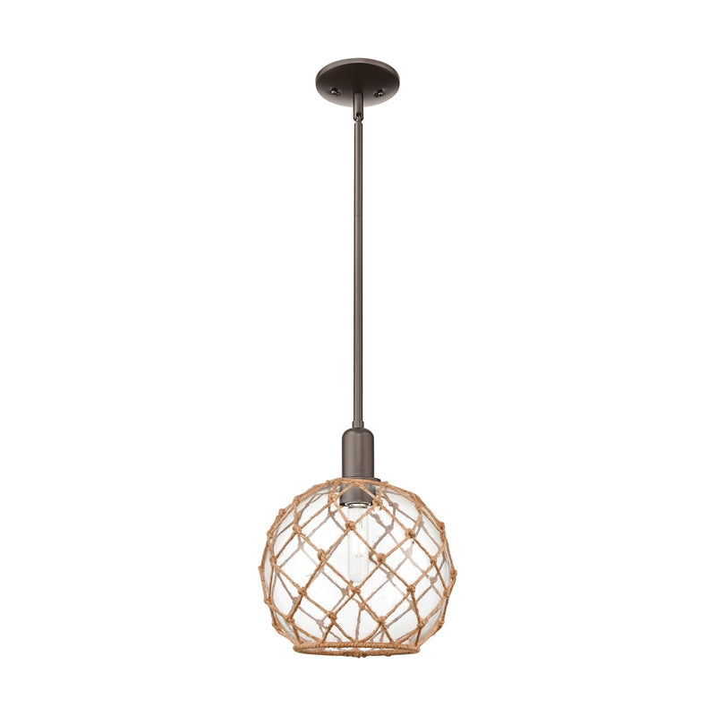 Innovations Farmhouse Rope 10in 1-Light Mini Pendant | Industrial Oil Rubbed Bronze Steel and Clear Glass with Brown Rope | Model 716-1S-OB-G122-10RB