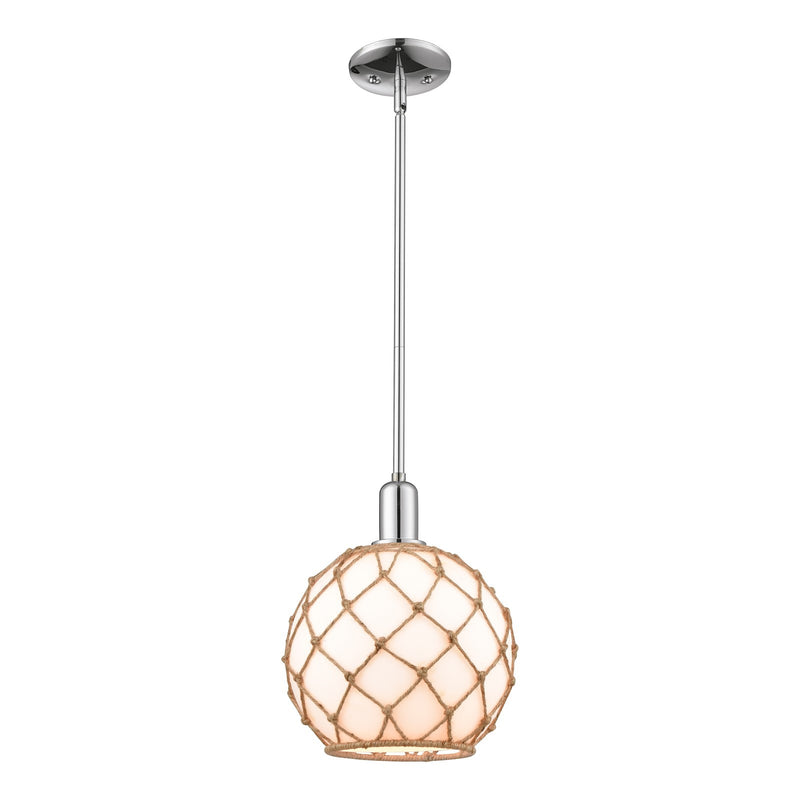 Innovations Farmhouse Rope 10in 1-Light Mini Pendant | Industrial Polished Chrome and Matte White Glass with Brown Rope | Model 716-1S-PC-G121-10RB