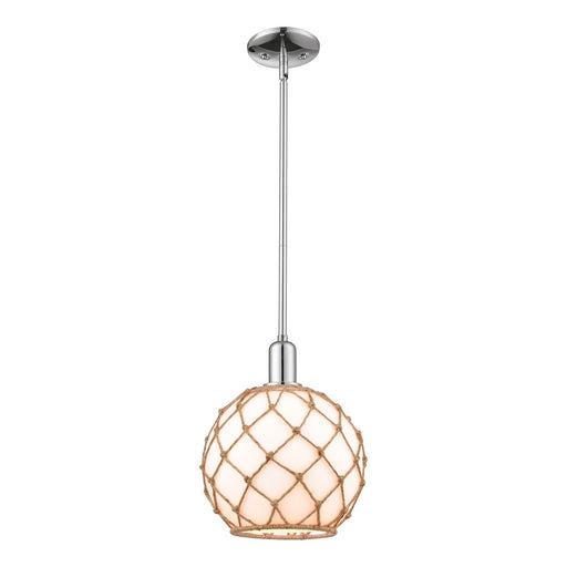 Innovations Farmhouse Rope 10in 1-Light Mini Pendant | Industrial Polished Chrome and Matte White Glass with Brown Rope | Model 716-1S-PC-G121-10RB