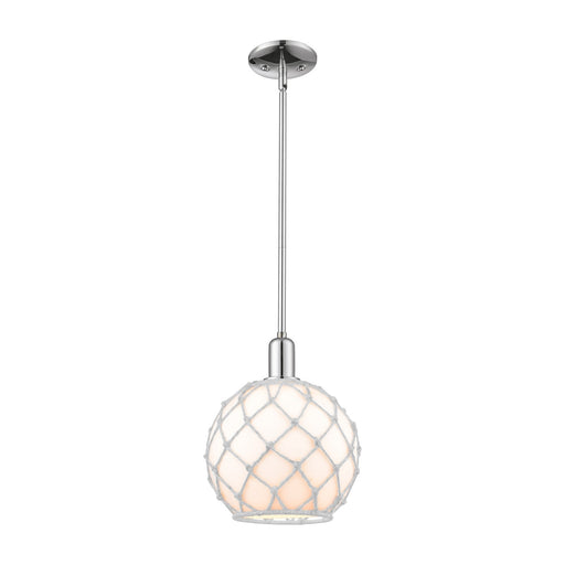 Innovations Farmhouse Rope 10in 1-Light Mini Pendant | Industrial Polished Chrome Steel and White Glass with White Rope | Model 716-1S-PC-G121-10RW