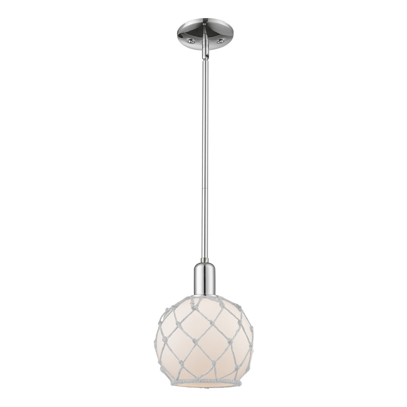 Innovations Farmhouse Rope 8in 1-Light Mini Pendant | Industrial Polished Chrome and White Glass with Rope | Kitchen Island & | Model 716-1S-PC-G121-8RW
