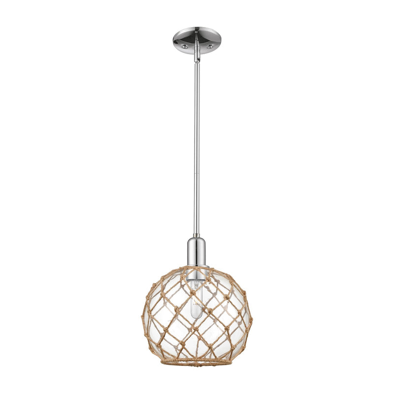 Innovations Farmhouse Rope 10in 1-Light Mini Pendant | Industrial Polished Chrome Steel and Clear Glass with Brown Rope | Model 716-1S-PC-G122-10RB