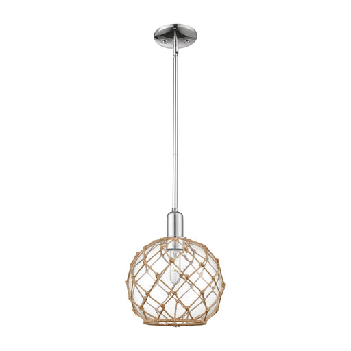 Innovations Farmhouse Rope 10in 1-Light Mini Pendant | Industrial Polished Chrome Steel and Clear Glass with Brown Rope | Model 716-1S-PC-G122-10RB