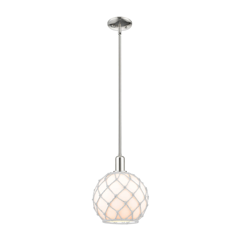 Innovations Farmhouse Rope 10in 1-Light Mini Pendant | Industrial Polished Nickel and Matte White Glass with Brown Rope | Model 716-1S-PN-G121-10RB