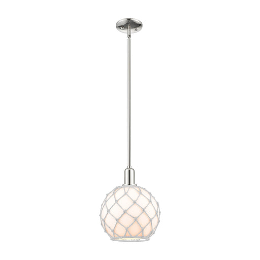 Innovations Farmhouse Rope 10in 1-Light Mini Pendant | Industrial Polished Nickel and Matte White Glass with Brown Rope | Model 716-1S-PN-G121-10RB