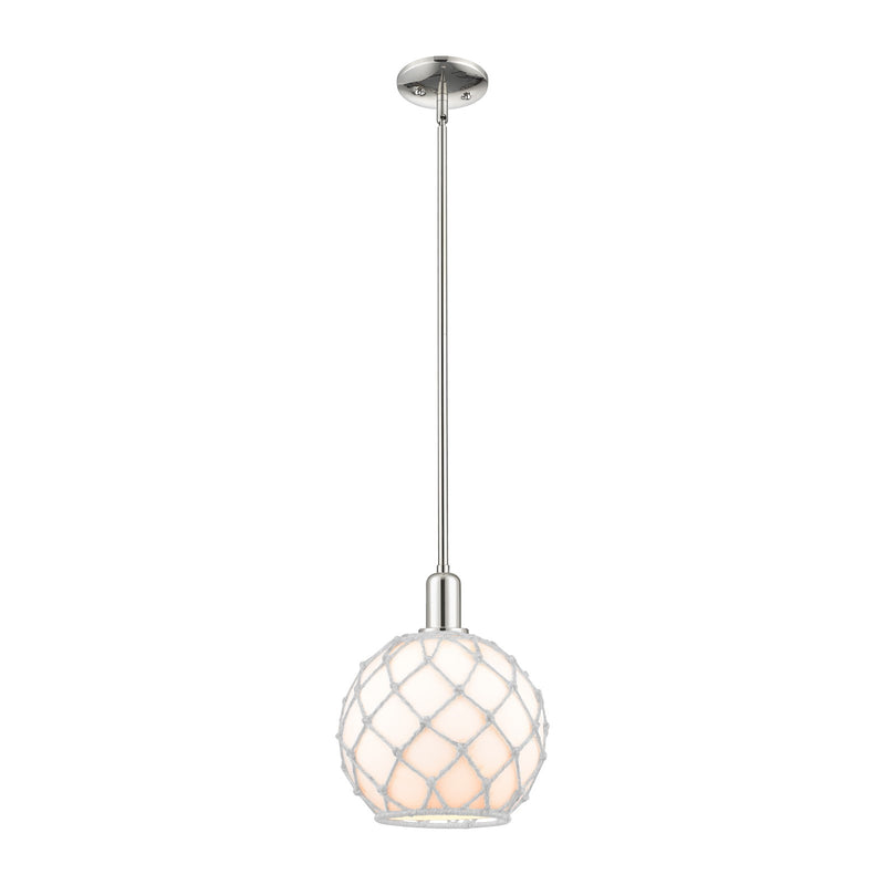 Innovations Farmhouse Rope 10in 1-Light Mini Pendant | Industrial Polished Nickel and White Glass with White Rope | Kitchen | Model 716-1S-PN-G121-10RW