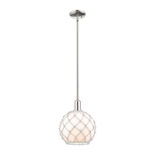 Innovations Farmhouse Rope 10in 1-Light Mini Pendant | Industrial Polished Nickel and White Glass with White Rope | Kitchen | Model 716-1S-PN-G121-10RW