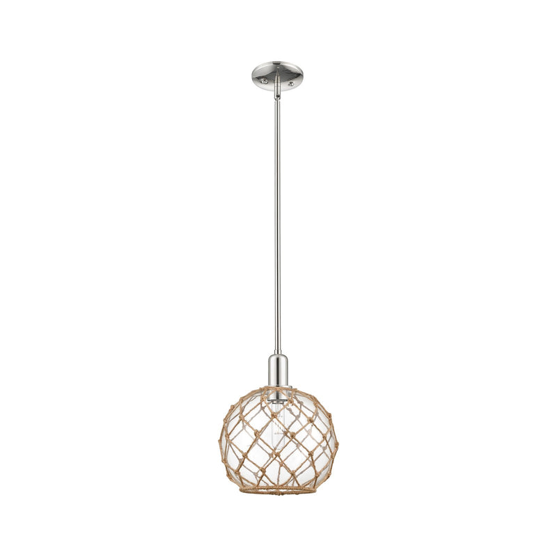 Innovations Farmhouse Rope 10in 1-Light Mini Pendant | Industrial Polished Nickel Steel and Clear Glass with Brown Rope | Model 716-1S-PN-G122-10RB