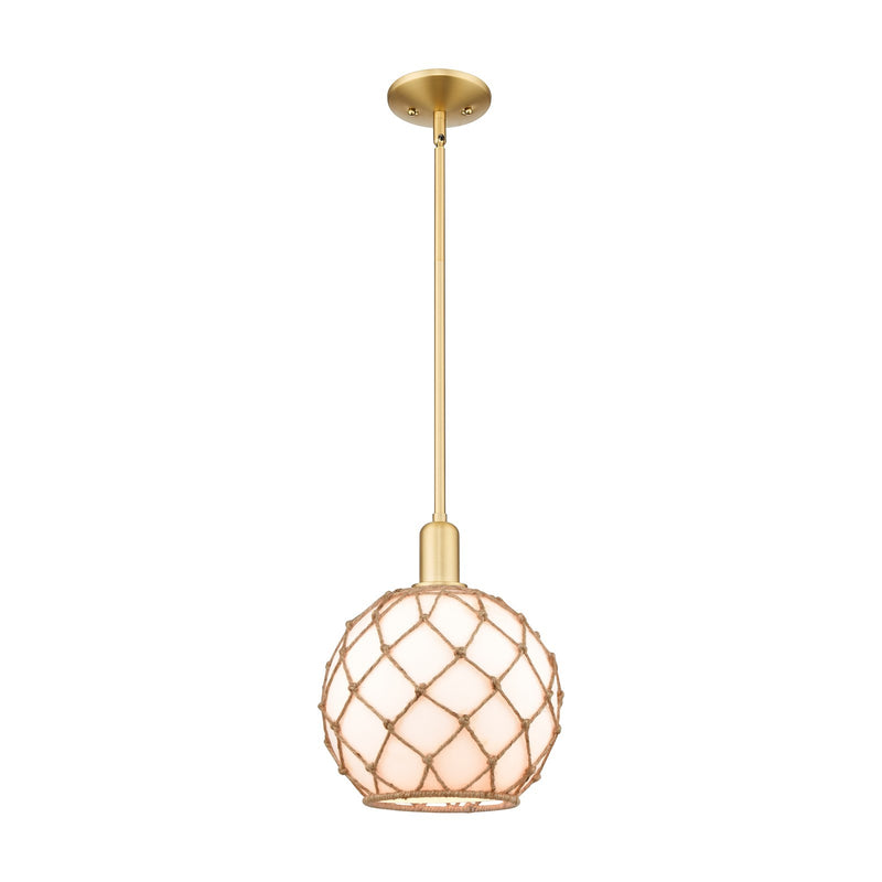 Innovations Farmhouse Rope 10in 1-Light Mini Pendant | Industrial Satin Gold Steel and Matte White Glass with Rope | Kitchen | Model 716-1S-SG-G121-10RB
