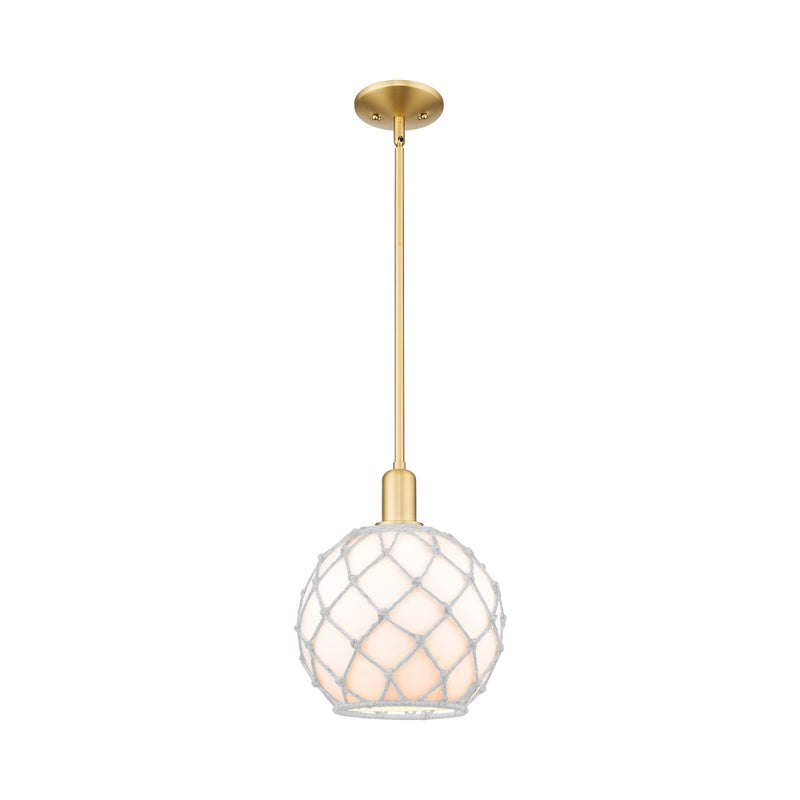 Innovations Farmhouse Rope 10in 1-Light Mini Pendant | Industrial Satin Gold Steel and White Glass Rope Shade | Kitchen Island | Model 716-1S-SG-G121-10RW