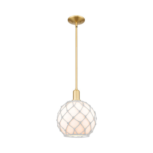 Innovations Farmhouse Rope 10in 1-Light Mini Pendant | Industrial Satin Gold Steel and White Glass Rope Shade | Kitchen Island | Model 716-1S-SG-G121-10RW