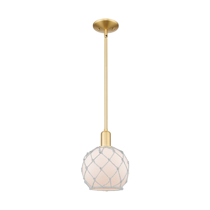 Innovations Farmhouse Rope 8in 1-Light Mini Pendant | Industrial Satin Gold Steel and White Frosted Glass with Rope | Kitchen | Model 716-1S-SG-G121-8RW
