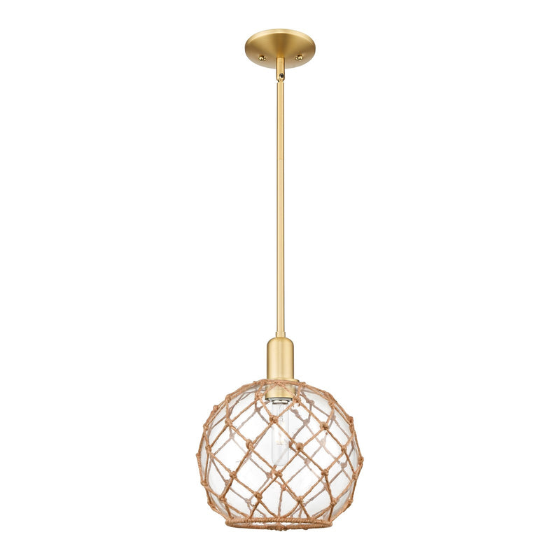 Innovations Farmhouse Rope 10in 1-Light Mini Pendant | Industrial Satin Gold Steel and Clear Glass with Brown Rope | Kitchen | Model 716-1S-SG-G122-10RB