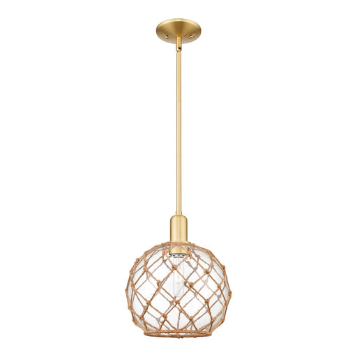 Innovations Farmhouse Rope 10in 1-Light Mini Pendant | Industrial Satin Gold Steel and Clear Glass with Brown Rope | Kitchen | Model 716-1S-SG-G122-10RB