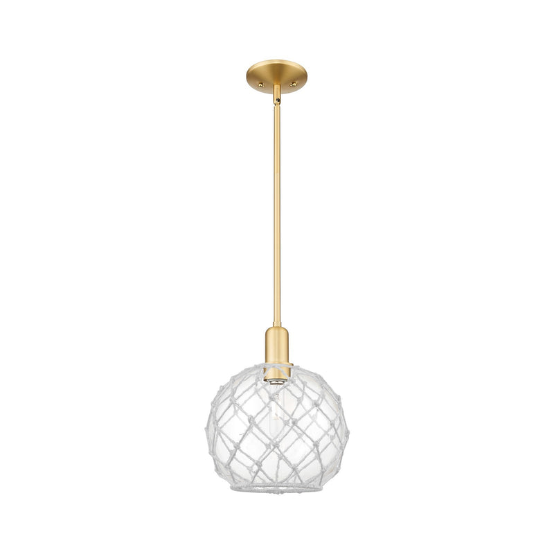Innovations Farmhouse Rope 10in 1-Light Mini Pendant | Industrial Satin Gold Steel and Clear Glass with White Rope | Kitchen | Model 716-1S-SG-G122-10RW