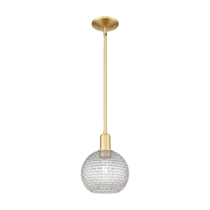 Innovations Athens 8in 1-Light Mini Pendant | Industrial Satin Gold Steel and Clear Basket Weave Glass | Kitchen Island & | Model 716-1S-SG-G122C-8CL