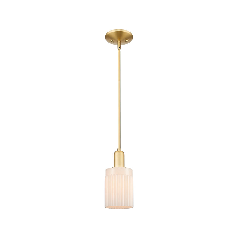 Innovations Hadley 1-Light 4.5in Mini Pendant | Industrial Satin Gold Steel and Matte White Ribbed Glass | Kitchen Island & Dining | Model 716-1S-SG-G341
