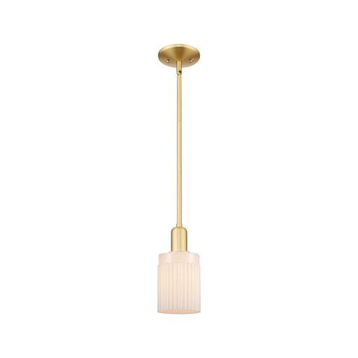 Innovations Hadley 1-Light 4.5in Mini Pendant | Industrial Satin Gold Steel and Matte White Ribbed Glass | Kitchen Island & Dining | Model 716-1S-SG-G341