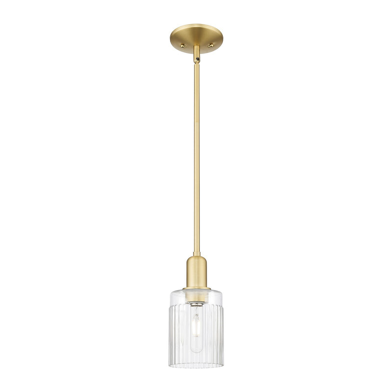 Innovations Hadley 1-Light 4.5in Mini Pendant | Industrial Satin Gold Steel and Clear Ribbed Glass | Kitchen Island & Dining Room | Model 716-1S-SG-G342