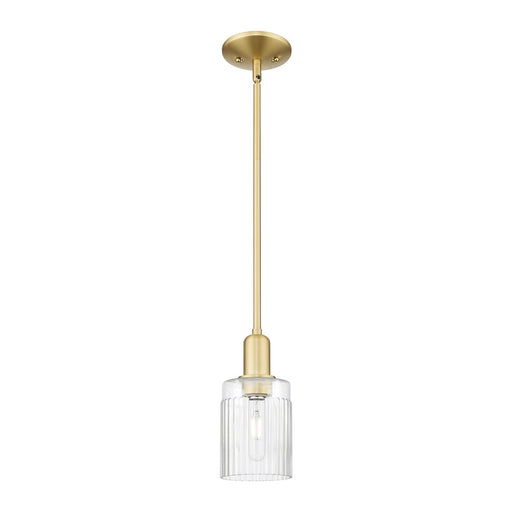 Innovations Hadley 1-Light 4.5in Mini Pendant | Industrial Satin Gold Steel and Clear Ribbed Glass | Kitchen Island & Dining Room | Model 716-1S-SG-G342