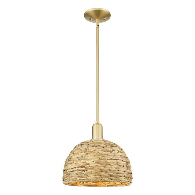 Innovations Woven Rattan 12in 1-Light Mini Pendant | Industrial Satin Gold Steel and Natural Fiber Shade | Kitchen Island & | Model 716-1S-SG-RBD-12-NAT