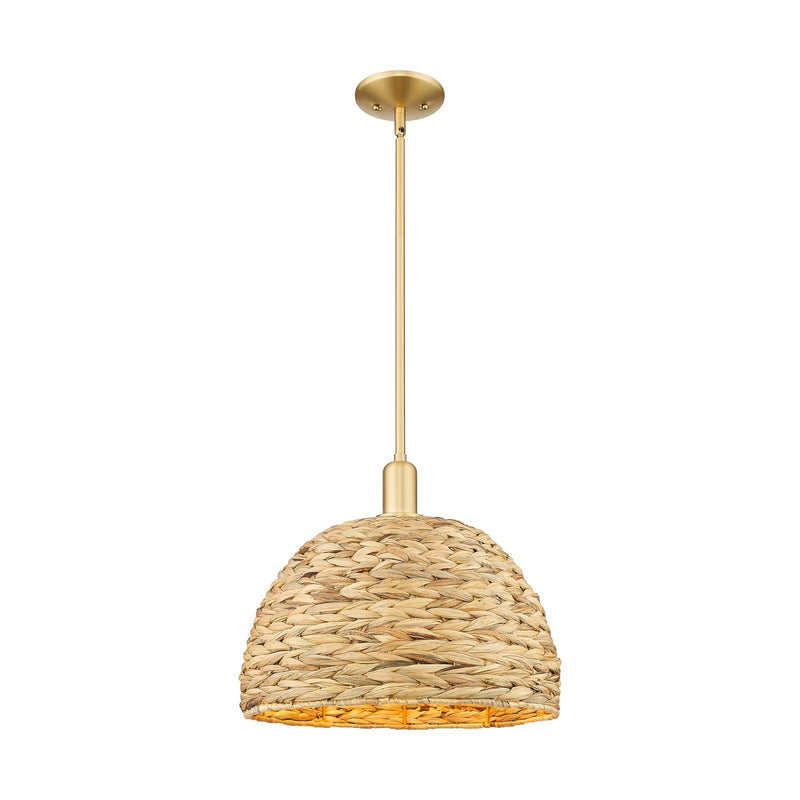 Innovations Woven Rattan 16in 1-Light Mini Pendant | Industrial Satin Gold Steel and Natural Fiber Dome Shade | Kitchen | Model 716-1S-SG-RBD-16-NAT
