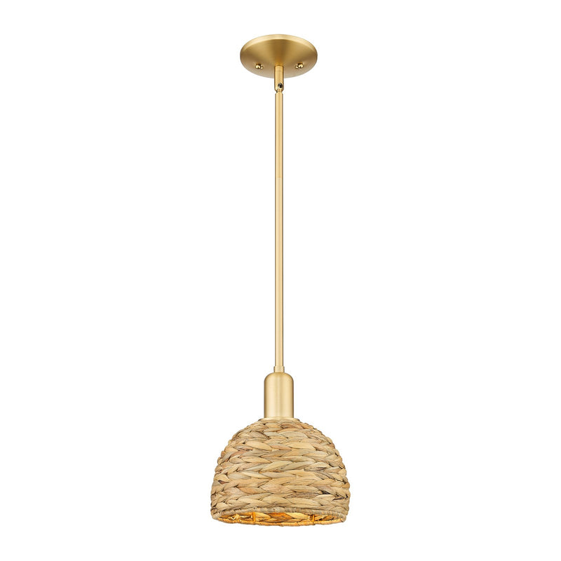 Innovations Woven Rattan 8in 1-Light Mini Pendant | Rustic Farmhouse Satin Gold Steel and Natural Woven Rattan | Kitchen | Model 716-1S-SG-RBD-8-NAT