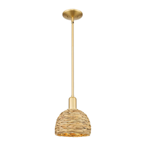 Innovations Woven Rattan 8in 1-Light Mini Pendant | Rustic Farmhouse Satin Gold Steel and Natural Woven Rattan | Kitchen | Model 716-1S-SG-RBD-8-NAT