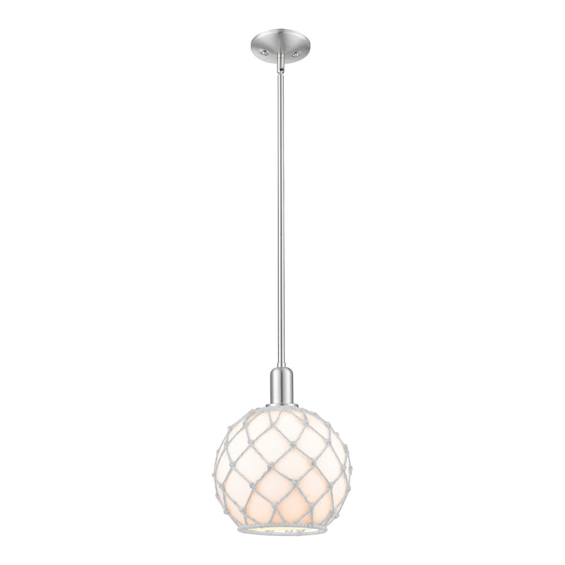 Innovations Farmhouse Rope 10in 1-Light Mini Pendant | Industrial Brushed Satin Nickel and White Glass with Rope | Kitchen | Model 716-1S-SN-G121-10RW
