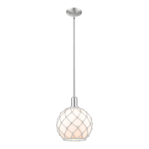Innovations Farmhouse Rope 10in 1-Light Mini Pendant | Industrial Brushed Satin Nickel and White Glass with Rope | Kitchen | Model 716-1S-SN-G121-10RW