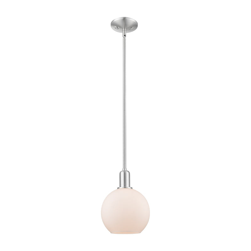 Innovations Athens 8in 1-Light Mini Pendant | Industrial Brushed Satin Nickel and Matte White Glass | Kitchen Island & Dining | Model 716-1S-SN-G121-8