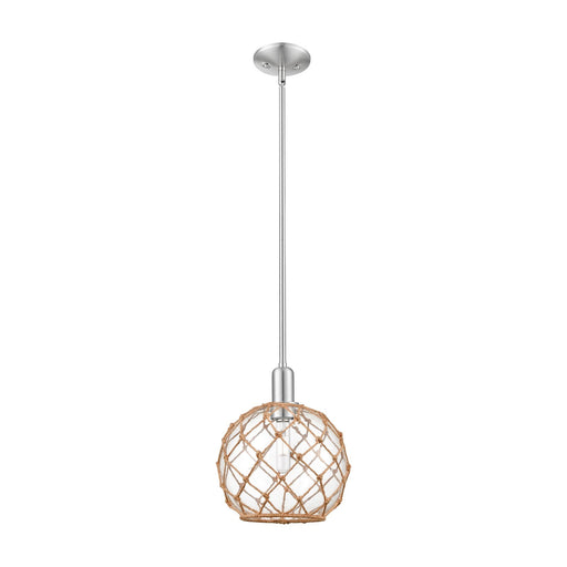 Innovations Farmhouse Rope 10in 1-Light Mini Pendant | Industrial Brushed Satin Nickel and Clear Glass with Brown Rope | Model 716-1S-SN-G122-10RB