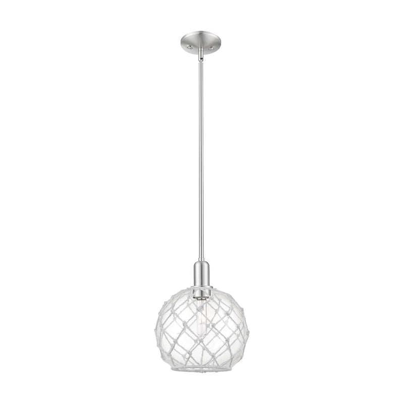 Innovations Farmhouse Rope 10in 1-Light Mini Pendant | Industrial Brushed Satin Nickel and Clear Glass with White Rope | Model 716-1S-SN-G122-10RW
