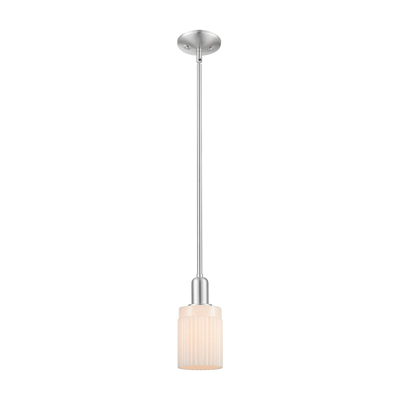 Innovations Hadley 1-Light 4.5in Mini Pendant | Industrial Brushed Satin Nickel and Matte White Ribbed Glass | Kitchen Island & | Model 716-1S-SN-G341