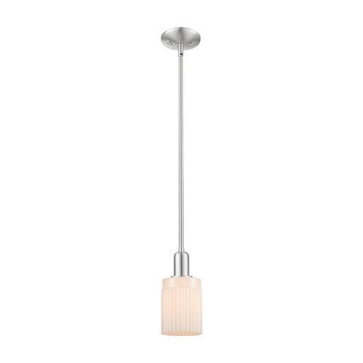 Innovations Hadley 1-Light 4.5in Mini Pendant | Industrial Brushed Satin Nickel and Matte White Ribbed Glass | Kitchen Island & | Model 716-1S-SN-G341