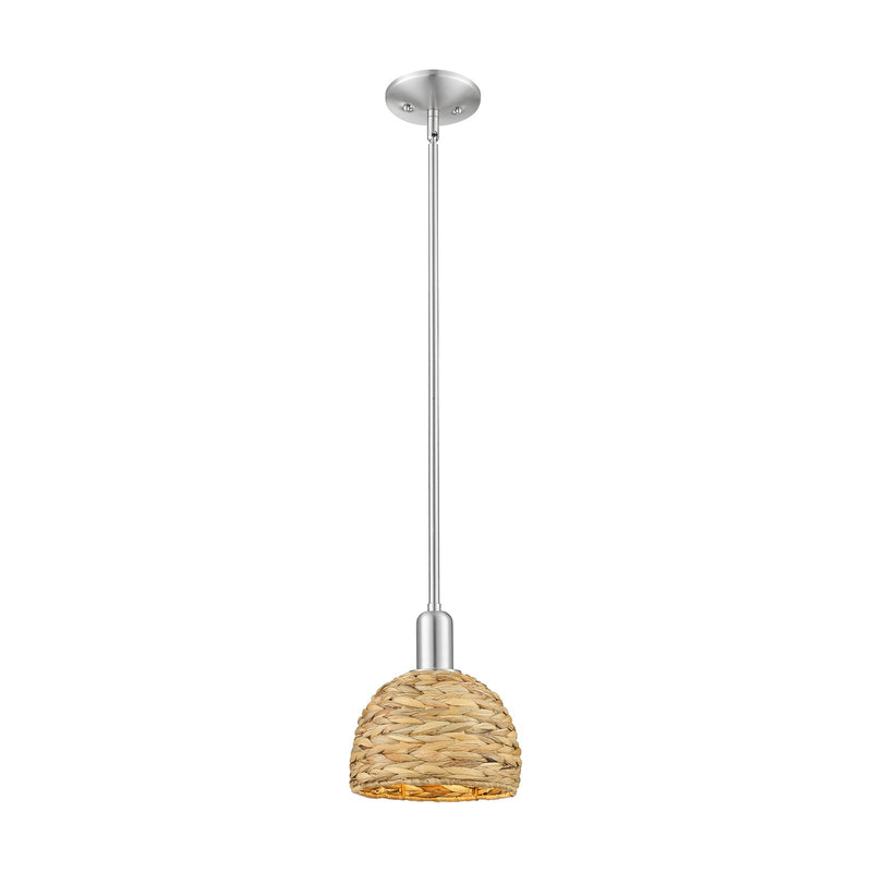 Innovations Woven Rattan 8in 1-Light Mini Pendant | Rustic Farmhouse Satin Nickel and Natural Rattan Shade | Kitchen Island & | Model 716-1S-SN-RBD-8-NAT