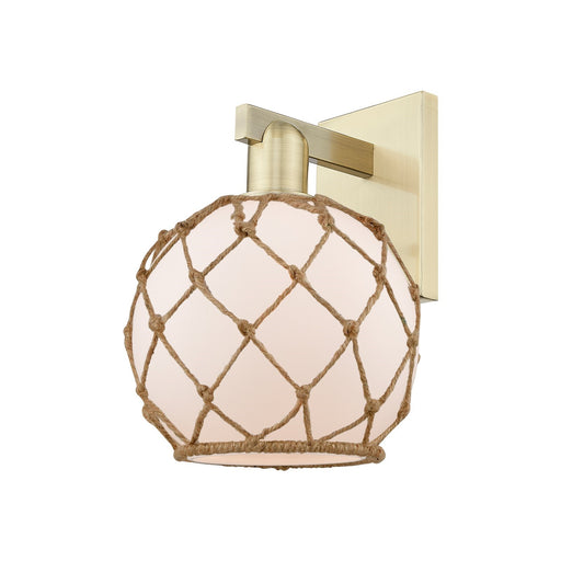Innovations Farmhouse Rope 8in 1-Light Wall Sconce | Industrial Antique Brass Steel and White Frosted Glass with Brown Rope | Model 716-1W-AB-G121-8RB