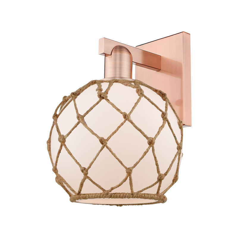 Innovations Farmhouse Rope 8in 1-Light Wall Sconce | Industrial Antique Copper Steel and White Frosted Glass with Brown Rope | Model 716-1W-AC-G121-8RB