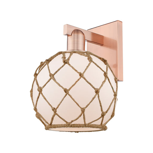 Innovations Farmhouse Rope 8in 1-Light Wall Sconce | Industrial Antique Copper Steel and White Frosted Glass with Brown Rope | Model 716-1W-AC-G121-8RB