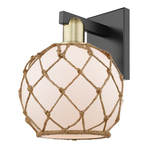 Innovations Farmhouse Rope 8in 1-Light Wall Sconce | Industrial Black Antique Brass Steel and White Frosted Glass with Brown | Model 716-1W-BAB-G121-8RB