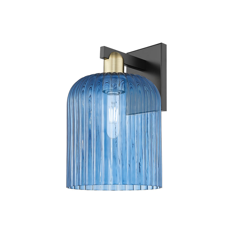 Innovations Bridal Veil 8in 1-Light Wall Sconce | Industrial Black Antique Brass and Princess Blue Ribbed Glass | Bathroom & | Model 716-1W-BAB-G559-8BL