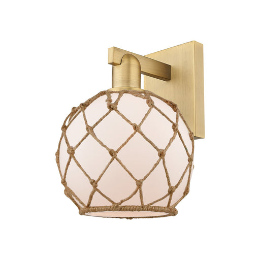 Innovations Farmhouse Rope 8in 1-Light Wall Sconce | Industrial Brushed Brass Steel and White Frosted Glass with Brown Rope | Model 716-1W-BB-G121-8RB