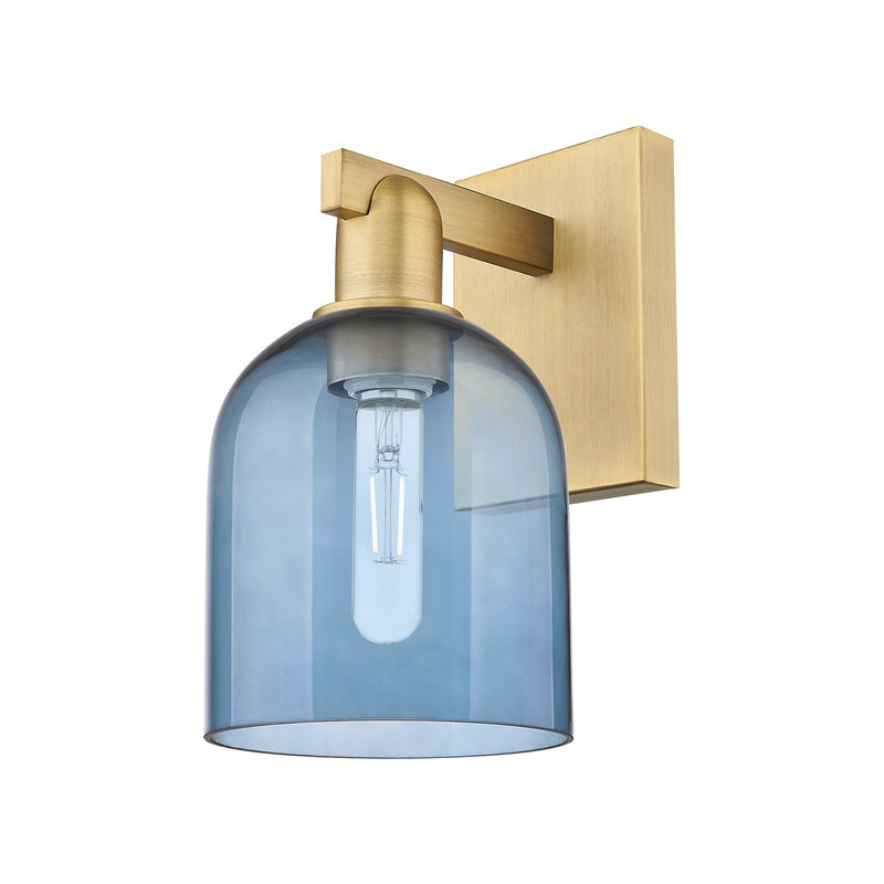 Innovations Bella 6in 1-Light Wall Sconce | Industrial Brushed Brass and Blue Glass | Entryway & Hallway Accent Light | 5.5 x | Model 716-1W-BB-G558-6BL