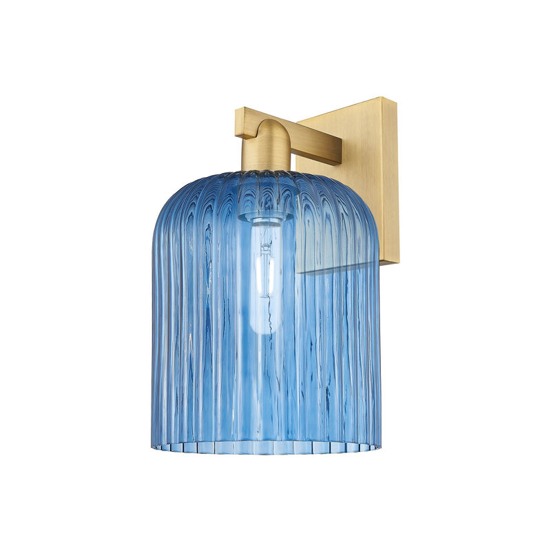 Innovations Bridal Veil 8in 1-Light Wall Sconce | Industrial Brushed Brass and Princess Blue Ribbed Glass | Entryway & Hallway | Model 716-1W-BB-G559-8BL