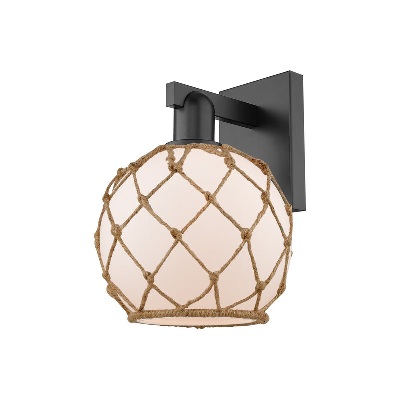 Innovations Farmhouse Rope 8in 1-Light Wall Sconce | Industrial Matte Black Steel and White Frosted Glass with Brown Rope | Model 716-1W-BK-G121-8RB