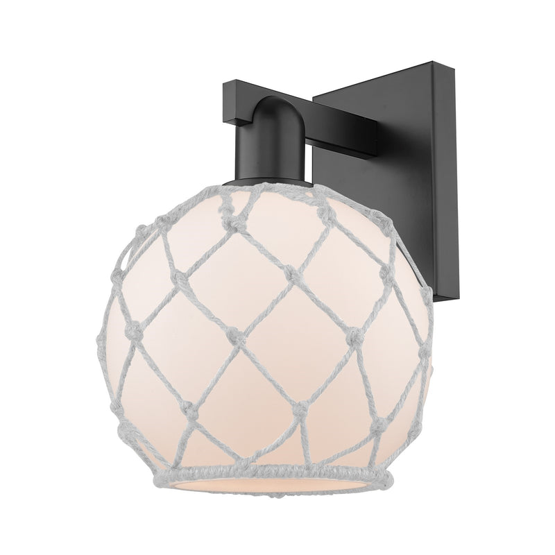 Innovations Farmhouse Rope 8in 1-Light Wall Sconce | Industrial Matte Black Steel and White Frosted Glass with Rope | Bathroom | Model 716-1W-BK-G121-8RW