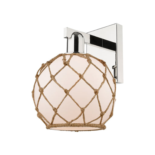 Innovations Farmhouse Rope 8in 1-Light Wall Sconce | Industrial Polished Nickel and White Frosted Glass with Brown Rope | Model 716-1W-PN-G121-8RB
