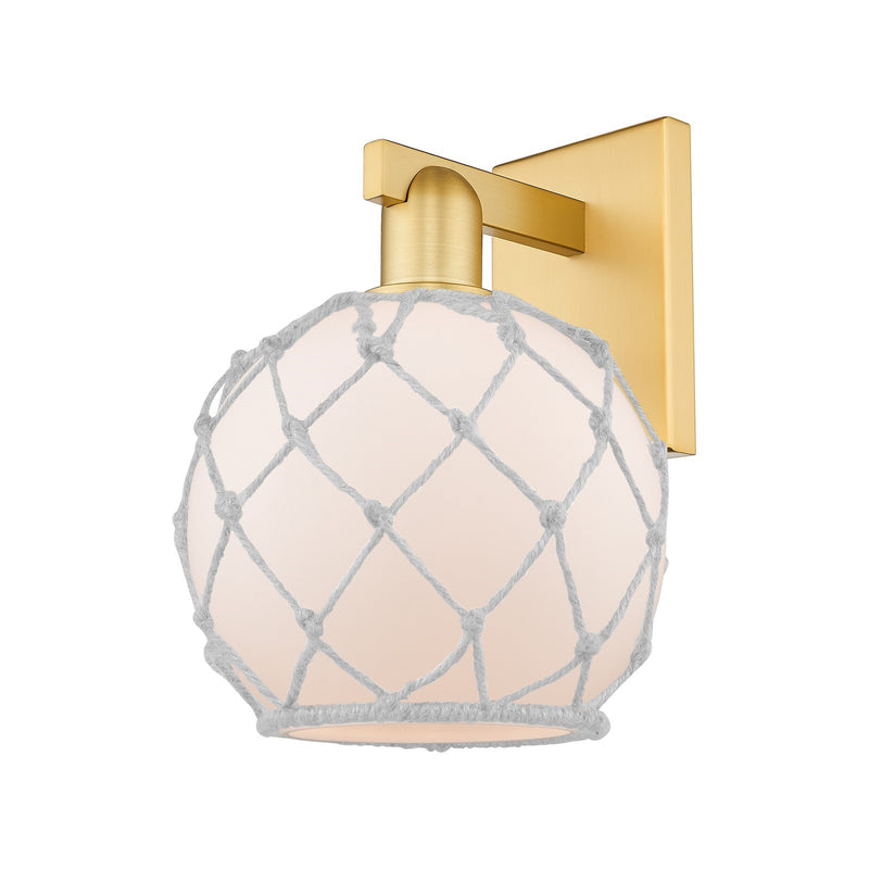 Innovations Farmhouse Rope 8in 1-Light Wall Sconce | Industrial Satin Gold Steel and White Frosted Glass with Rope | Damp-Rated | Model 716-1W-SG-G121-8RW