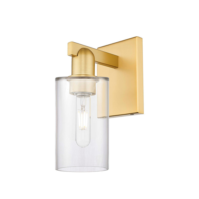Innovations Clymer 1-Light Wall Sconce | Industrial Satin Gold Steel and Clear Glass | Bathroom & Hallway Accent Light | 3.88 x | Model 716-1W-SG-G802