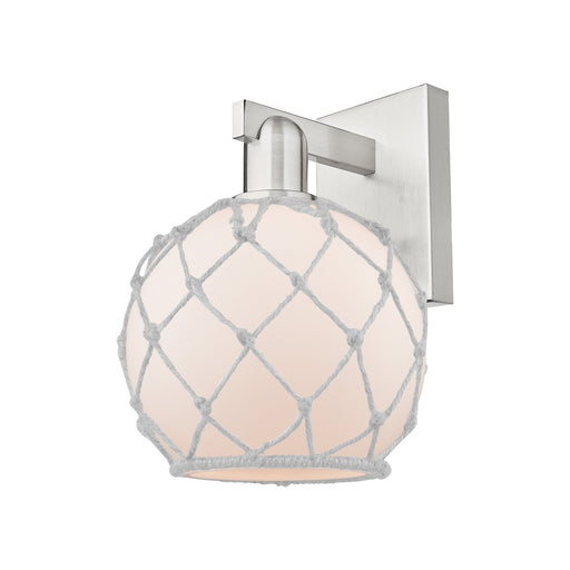 Innovations Farmhouse Rope 8in 1-Light Wall Sconce | Industrial Brushed Satin Nickel and White Frosted Glass with Rope Shade | Model 716-1W-SN-G121-8RW